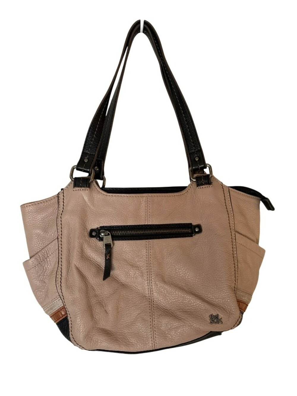 The Sak Kendra Pebbled Leather Shoulder Bag Tan & Black With Multi-Pocket Design